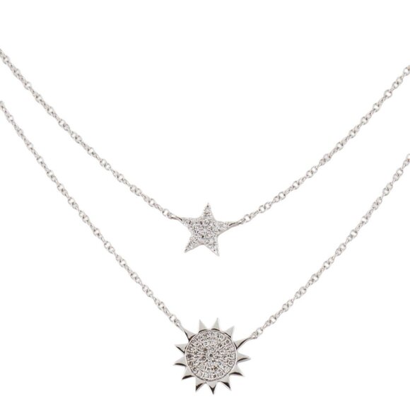 SHY CREATION 14K WHITE GOLD DIAMOND SUN & STAR LAYERED NECKLACE - Picture 2 of 9